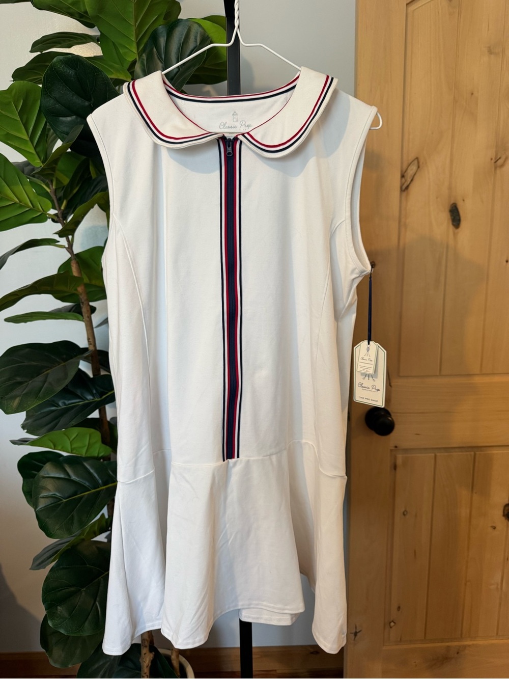 Classic Prep White Sleeveless Tennis Dress with Red & Navy Trim